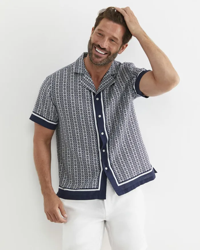 Men Sportscraft Shirts Paddington Short Sleeve Linen Blend Shirt Navy