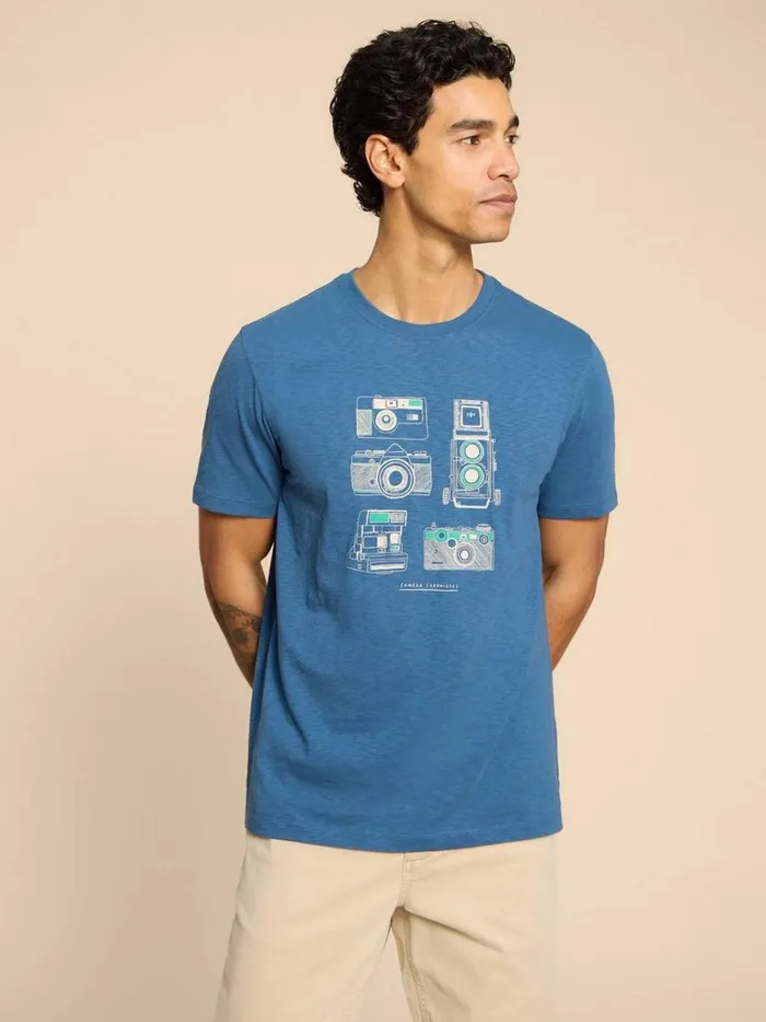 Men TSHIRTS White Stuff Camera Chronicles Graphic Tee Blue Print