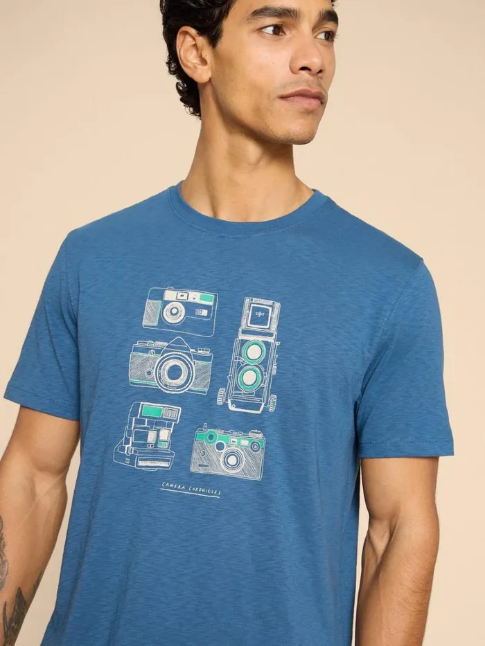 Men TSHIRTS White Stuff Camera Chronicles Graphic Tee Blue Print Men TSHIRTS White Stuff Camera Chronicles Graphic Tee Blue Print