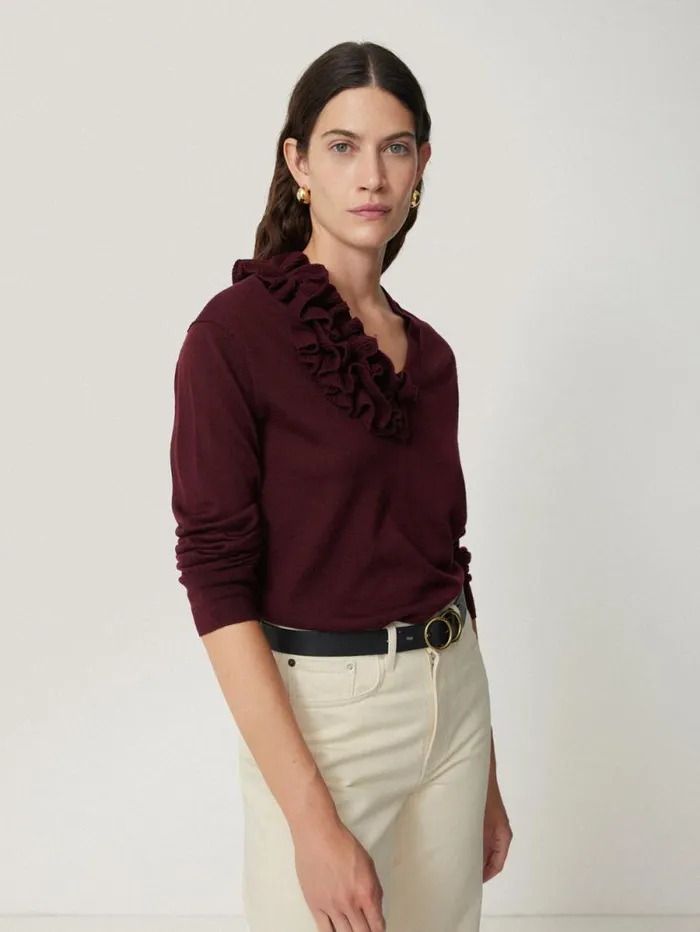 Merino Ruffle V Neck Jumper Burgundy Women Jigsaw Shirts and Tops