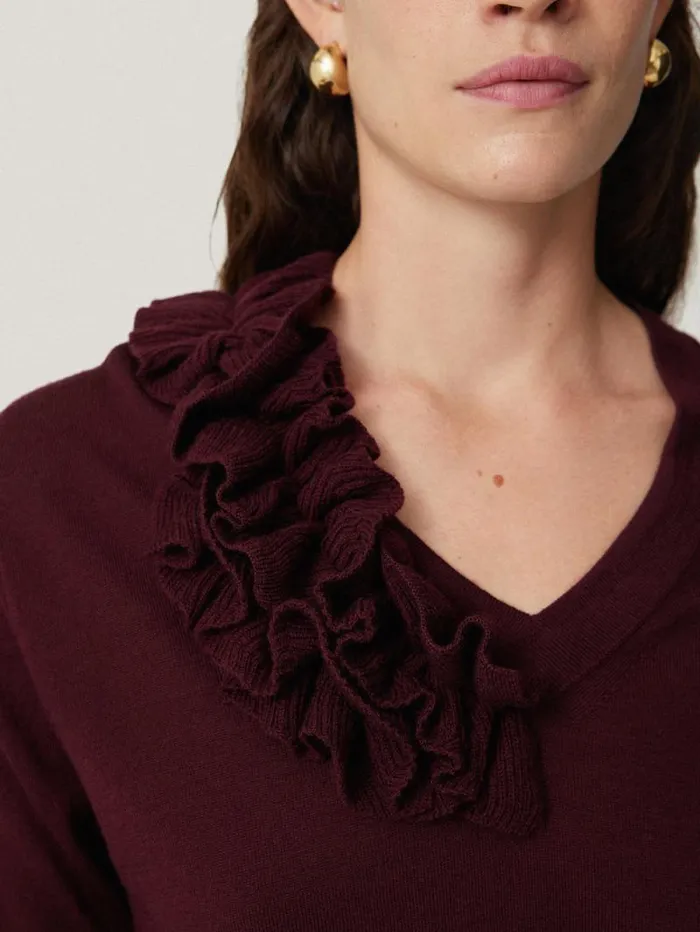 Merino Ruffle V Neck Jumper Burgundy Women Jigsaw Shirts and Tops