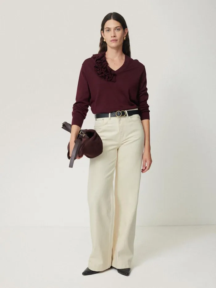 Merino Ruffle V Neck Jumper Burgundy Women Jigsaw Shirts and Tops