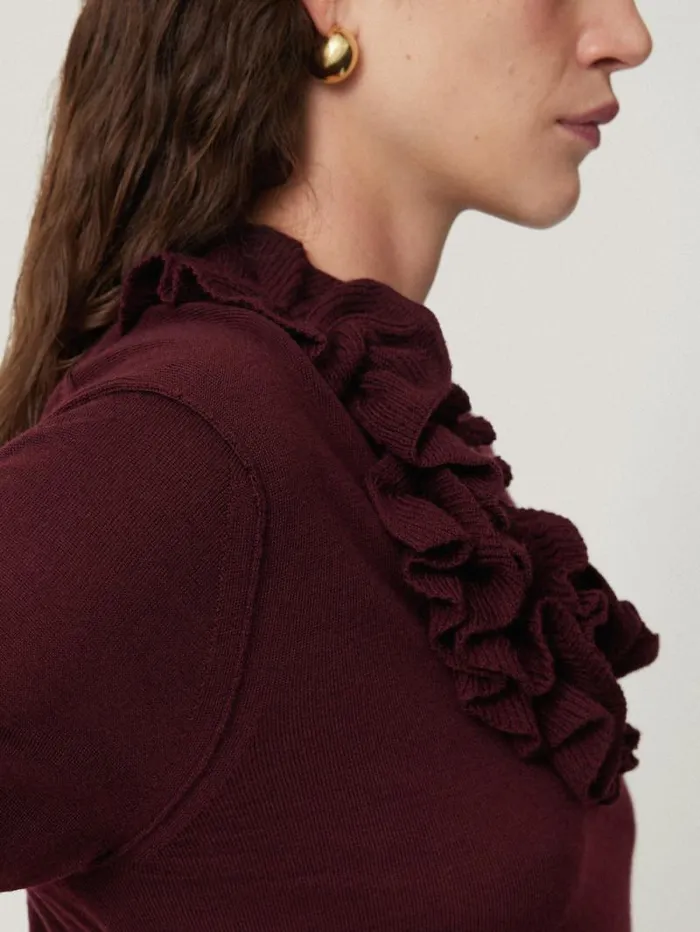 Merino Ruffle V Neck Jumper Burgundy Women Jigsaw Shirts and Tops