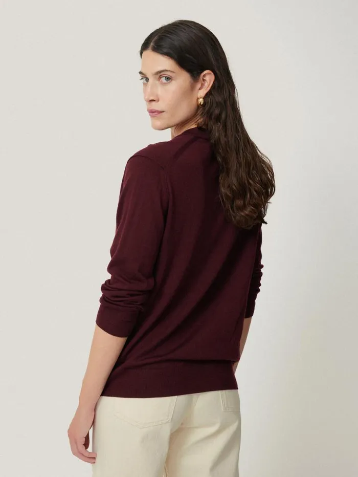 Merino Ruffle V Neck Jumper Burgundy Women Jigsaw Shirts and Tops