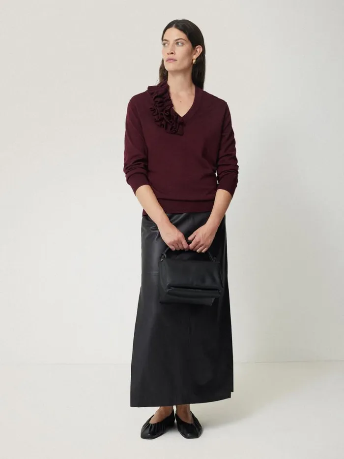 Merino Ruffle V Neck Jumper Burgundy Women Jigsaw Shirts and Tops