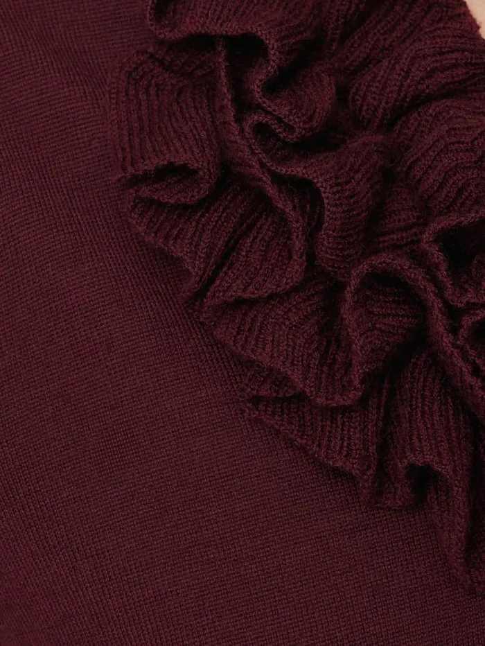 Merino Ruffle V Neck Jumper Burgundy Women Jigsaw Shirts and Tops