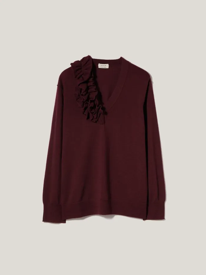 Merino Ruffle V Neck Jumper Burgundy Women Jigsaw Shirts and Tops