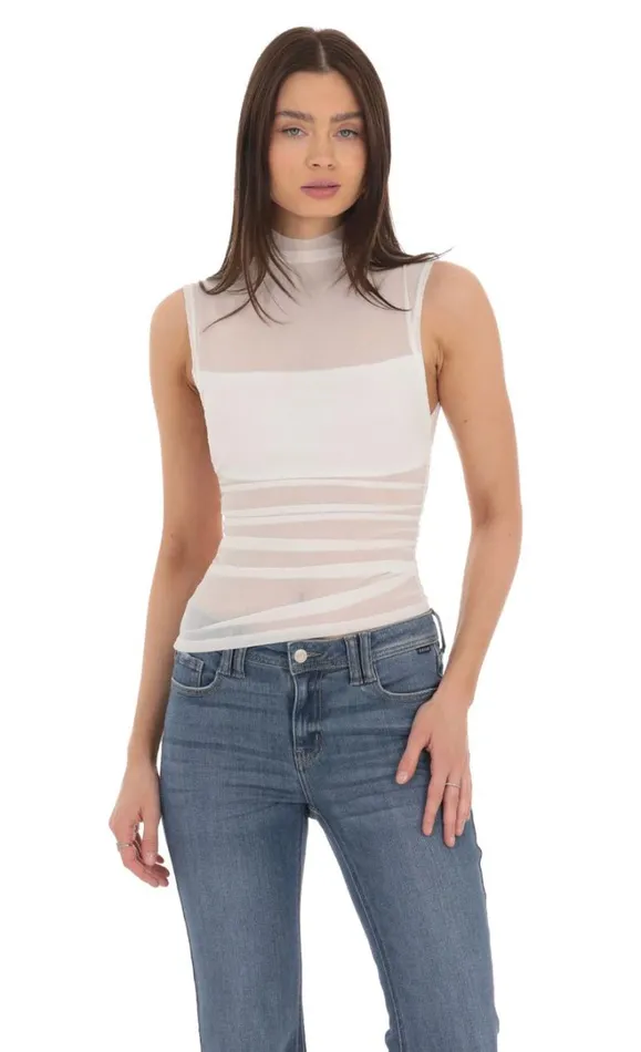 Mesh Mock Neck Top White Women LUCY IN THE SKY Tops