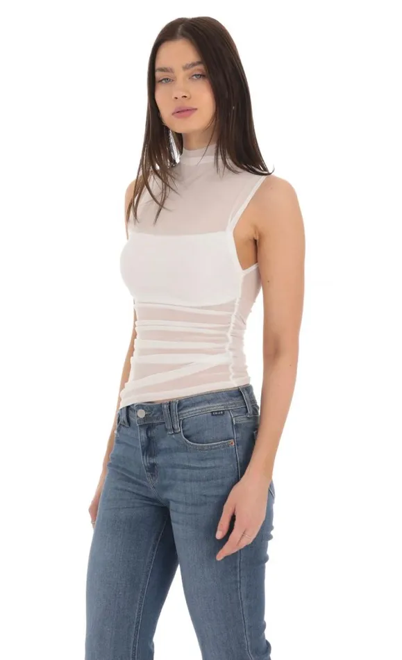 Mesh Mock Neck Top White Women LUCY IN THE SKY Tops Mesh Mock Neck Top White Women LUCY IN THE SKY Tops