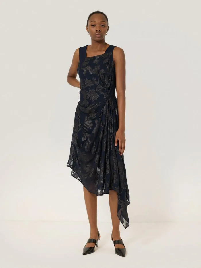 Metallic Jacquard Drape Dress Navy Women Jigsaw Dresses and Jumpsuits