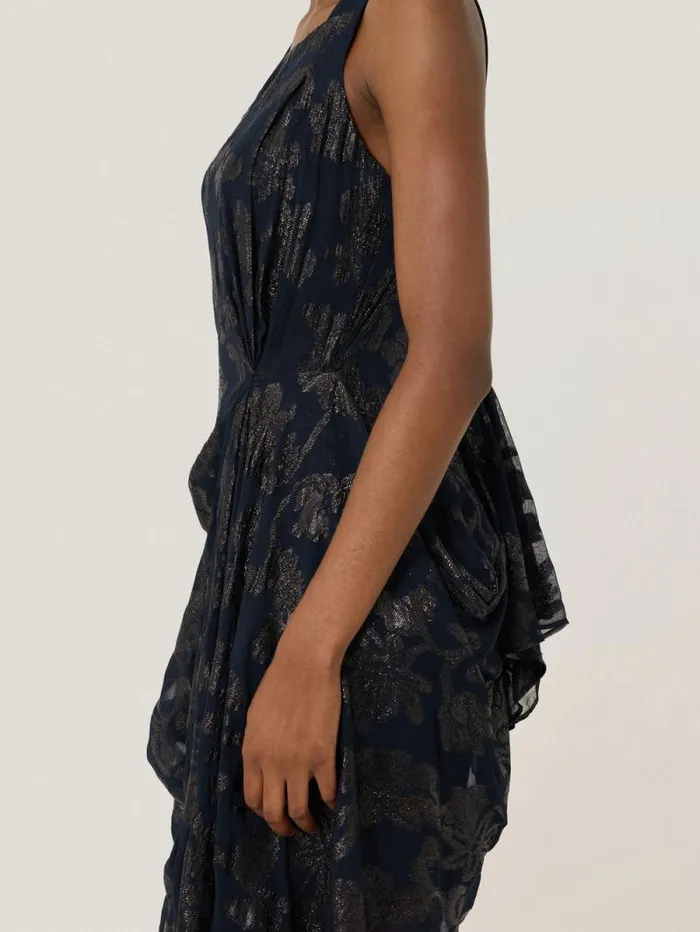 Metallic Jacquard Drape Dress Navy Women Jigsaw Dresses and Jumpsuits