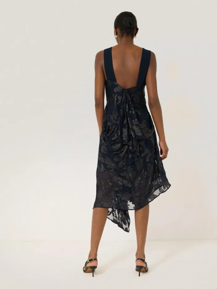 Metallic Jacquard Drape Dress Navy Women Jigsaw Dresses and Jumpsuits