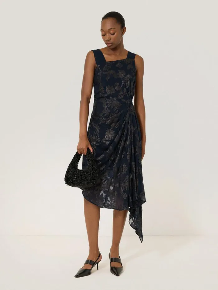 Metallic Jacquard Drape Dress Navy Women Jigsaw Dresses and Jumpsuits