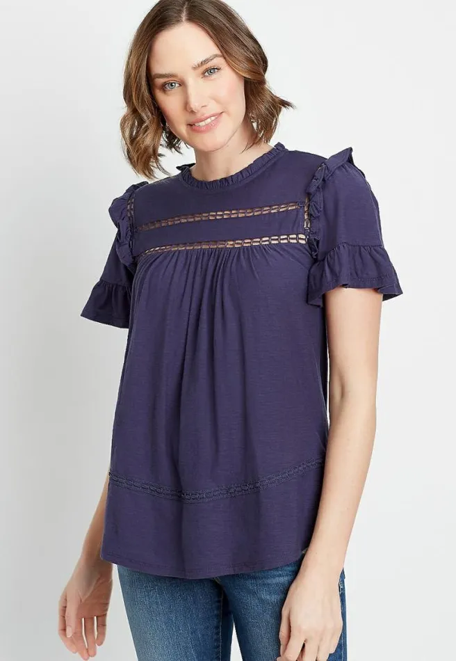Navy Crochet Ruffle Sleeve Top Women Maurices Tops