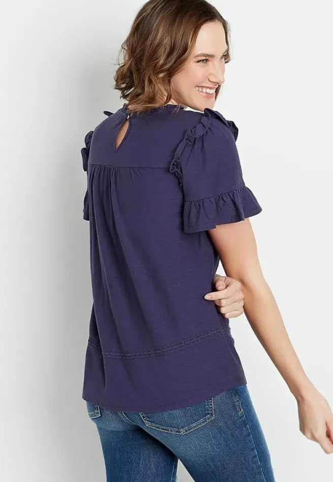 Navy Crochet Ruffle Sleeve Top Women Maurices Tops