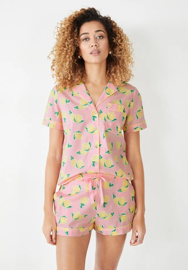 Nightwear Women Hush Isla Printed Cotton Pyjamas Lemonspink Yellow