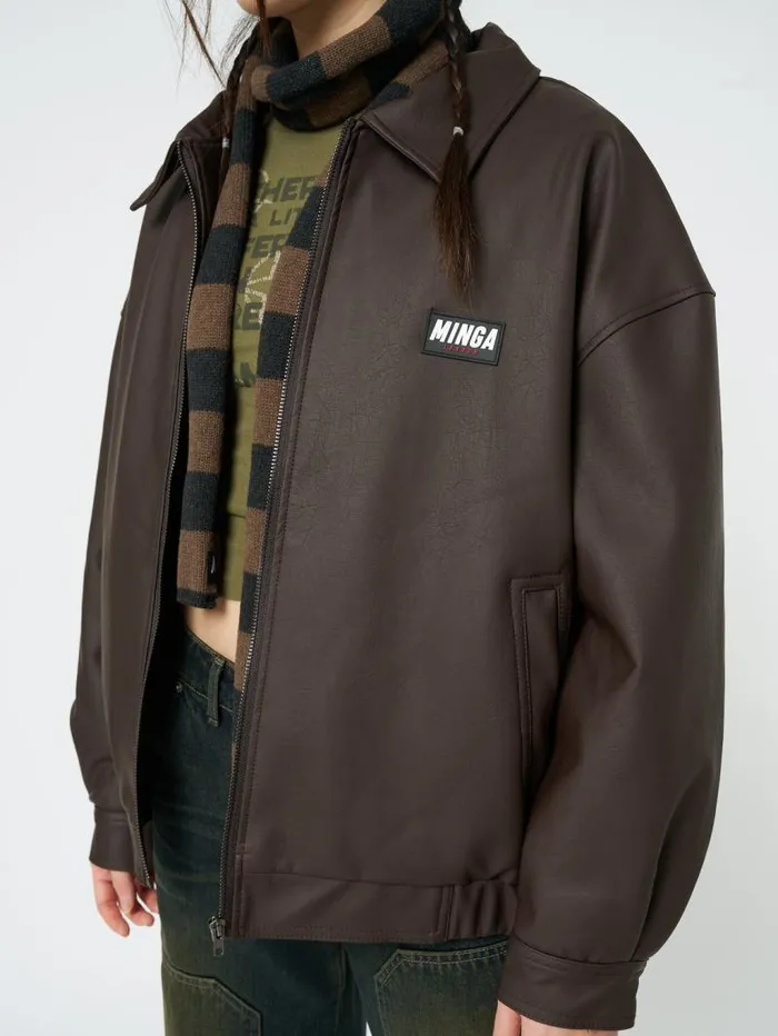 Nora Vegan Leather Bomber Jacket In Brown Women Minga London Jackets