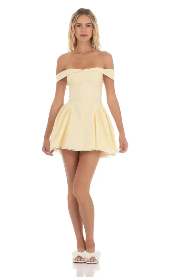 Off Shoulder Fit And Flare Dress Yellow Women LUCY IN THE SKY Mini Dresses