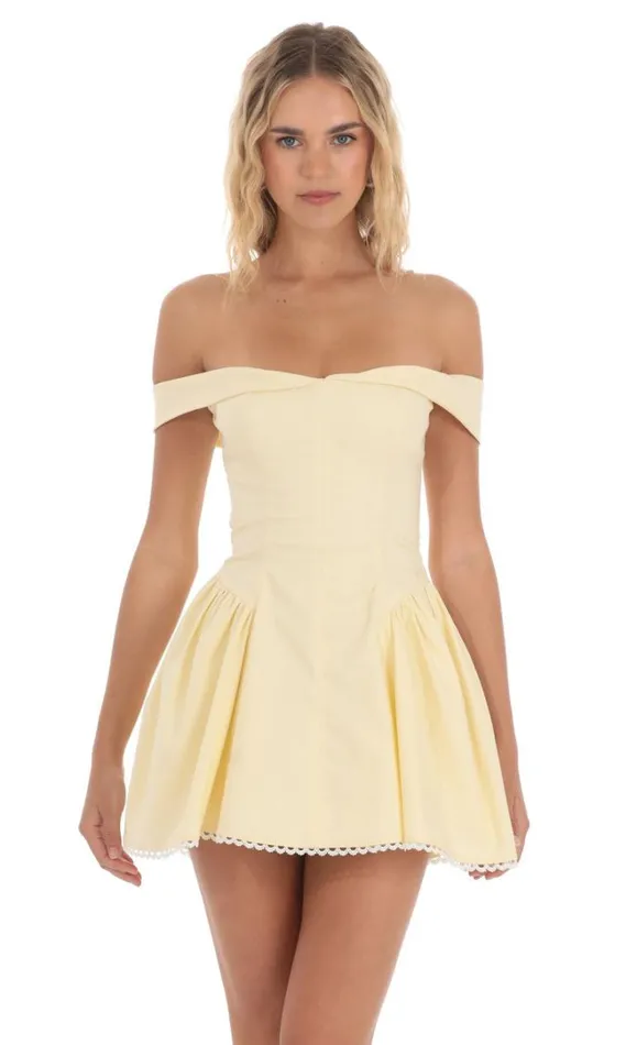 Off Shoulder Fit And Flare Dress Yellow Women LUCY IN THE SKY Mini Dresses Off Shoulder Fit And Flare Dress Yellow Women LUCY IN THE SKY Mini Dresses