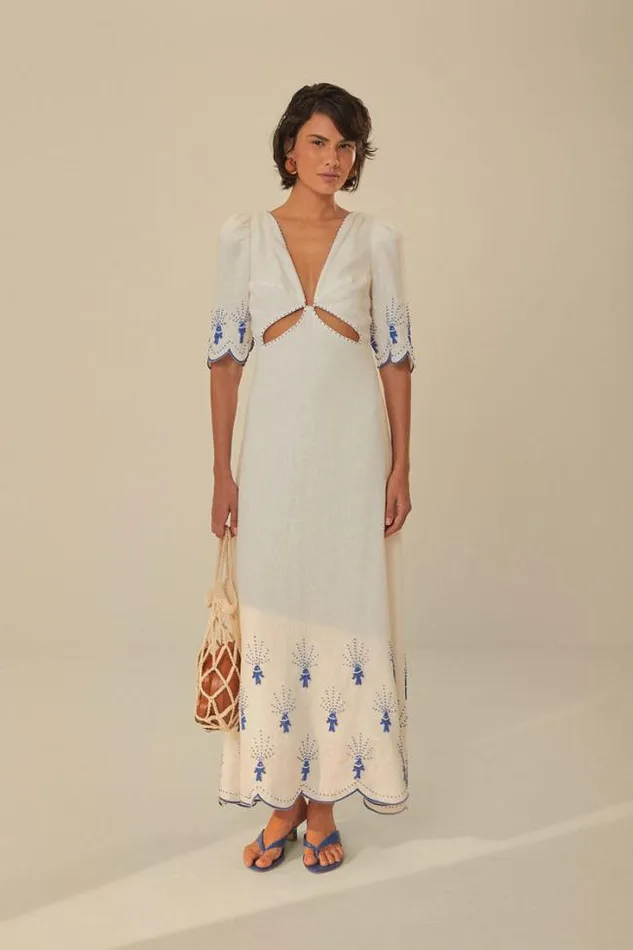 OffWhite Sea Of Fish Embroidered Midi Dress Women FARM Rio Midi Dresses