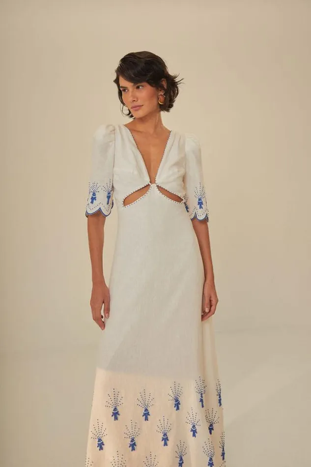 OffWhite Sea Of Fish Embroidered Midi Dress Women FARM Rio Midi Dresses