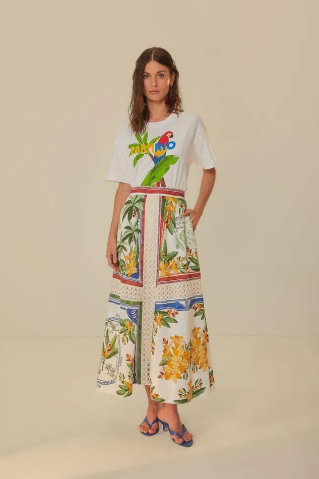 OffWhite Tropical Destination Lenzing Ecovero Euroflax Midi Skirt Women FARM Rio Skirts