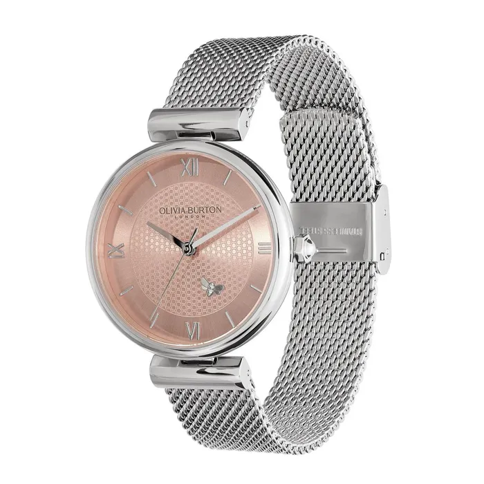 Olivia Burton Bee Watches Women 36mm Minima Bee TBar Blush and Silver Mesh Watch