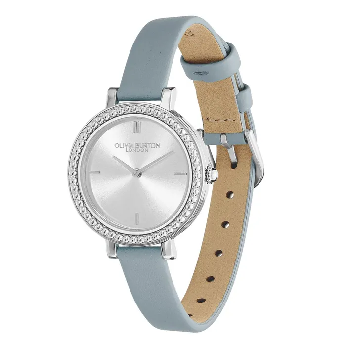 Olivia Burton Classic Watches Women 30mm Vintage Bead Silver and Chalk Blue Leather Strap Watch