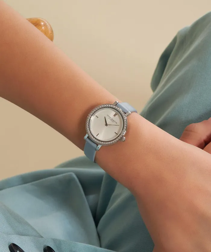 Olivia Burton Classic Watches Women 30mm Vintage Bead Silver and Chalk Blue Leather Strap Watch