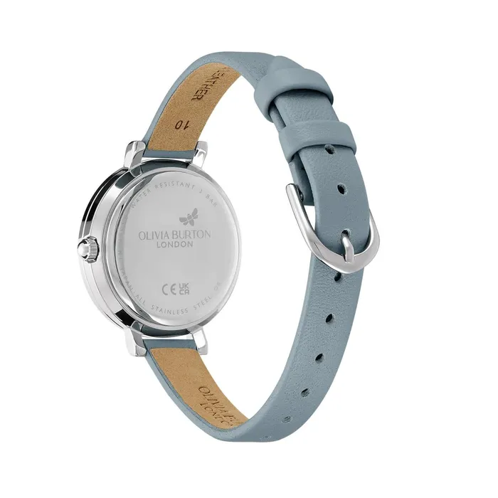Olivia Burton Classic Watches Women 30mm Vintage Bead Silver and Chalk Blue Leather Strap Watch