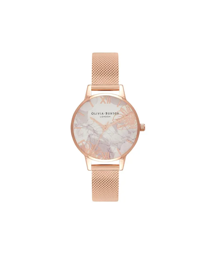 Olivia Burton Floral Watches Women 30mm White and Rose Gold Mesh Watch