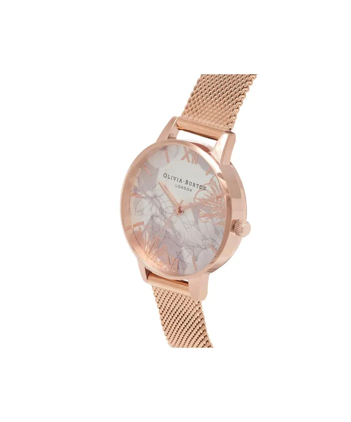 Olivia Burton Floral Watches Women 30mm White and Rose Gold Mesh Watch