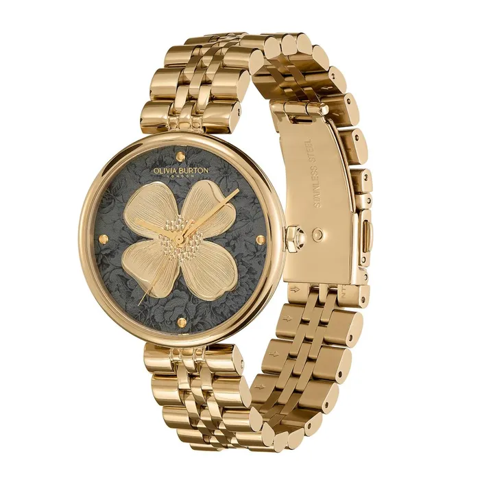 Olivia Burton Floral Watches Women 36mm Dogwood TBar Black and Gold Bracelet Watch