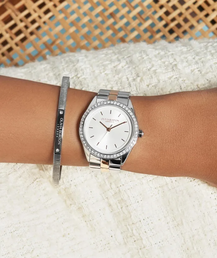 Olivia Burton Sports Luxe Watches Women 34mm Bejewelled Silver and Two Tone Bracelet Watch