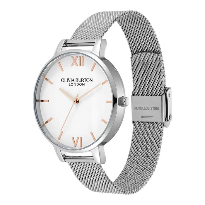 Olivia Burton White Dial Watches Women 38mm White and Silver Mesh Watch
