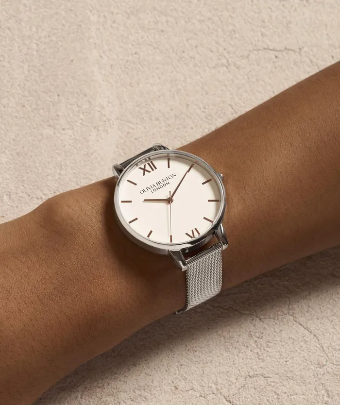 Olivia Burton White Dial Watches Women 38mm White and Silver Mesh Watch