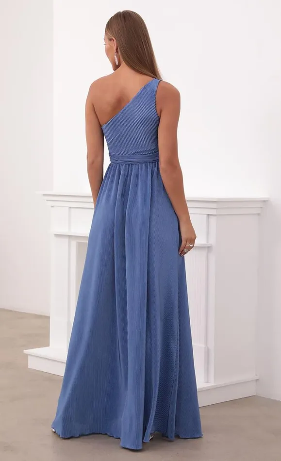 One Shoulder Pleated Dress Periwinkle Blue Women LUCY IN THE SKY Maxi Dresses