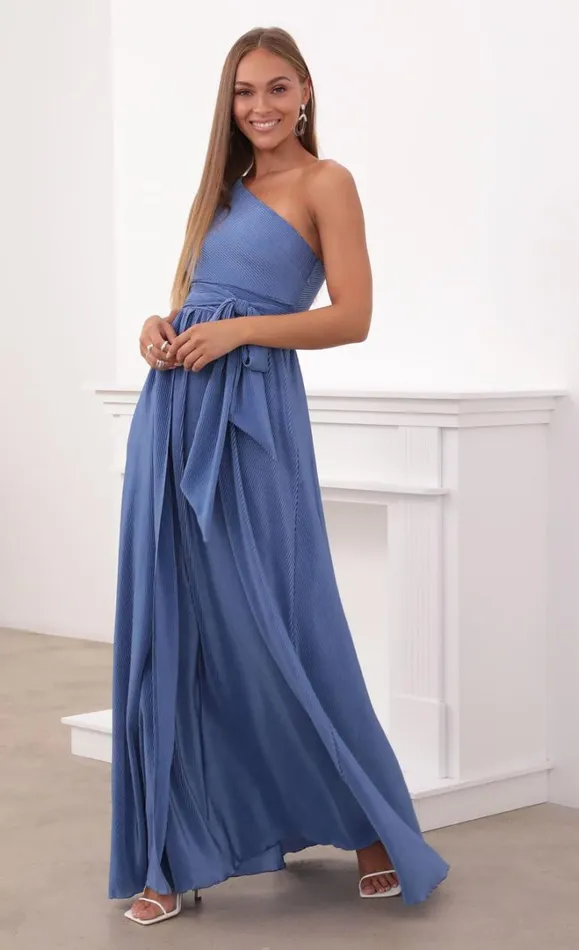 One Shoulder Pleated Dress Periwinkle Blue Women LUCY IN THE SKY Maxi Dresses