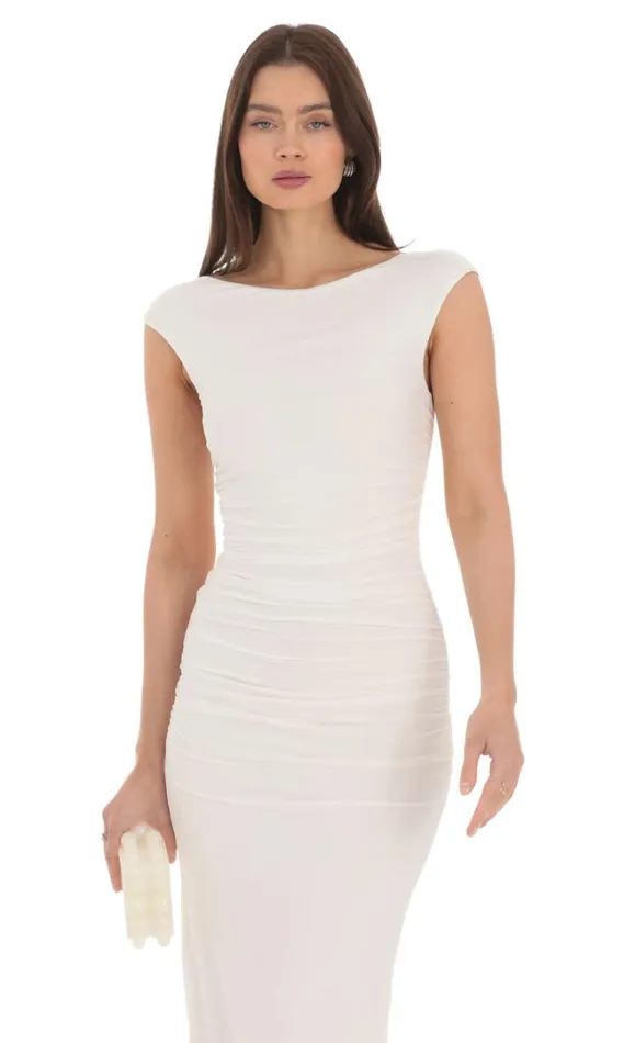 Open Back Ruched Midi Dress White Women LUCY IN THE SKY Midi Dresses Open Back Ruched Midi Dress White Women LUCY IN THE SKY Midi Dresses