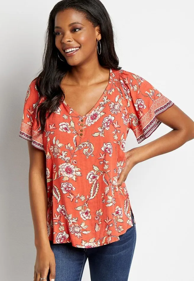 Orange Floral Flutter Sleeve Button Front Top Women Maurices Tops