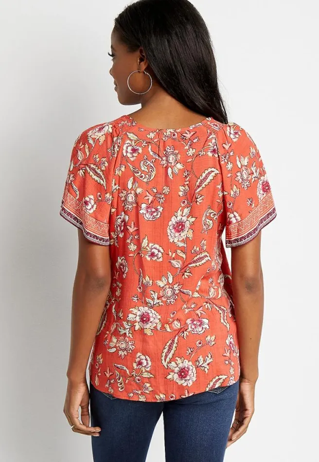 Orange Floral Flutter Sleeve Button Front Top Women Maurices Tops