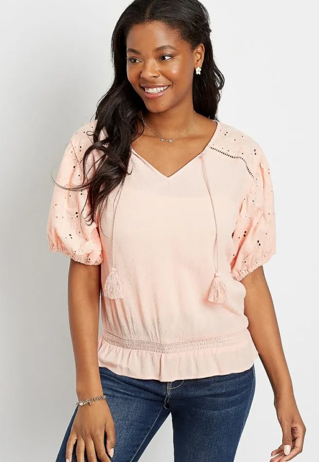Pink Eyelet Lace Puff Sleeve Top Women Maurices Tops