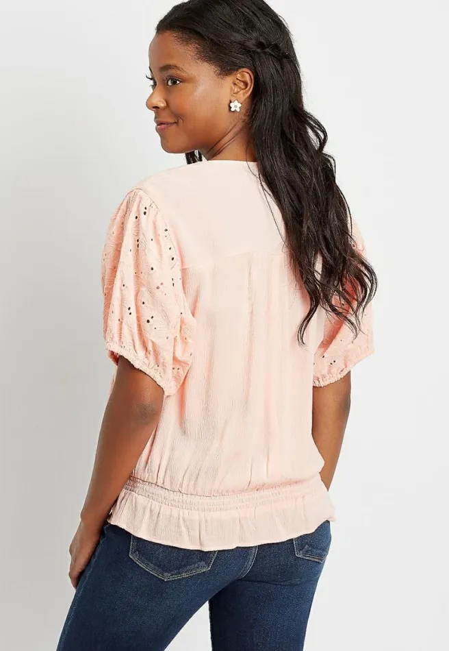 Pink Eyelet Lace Puff Sleeve Top Women Maurices Tops