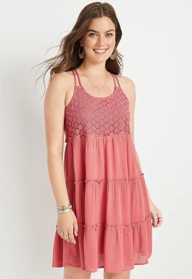 Pink Floral Crochet Babydoll Swing Dress Women Maurices Dresses and Jumpsuits