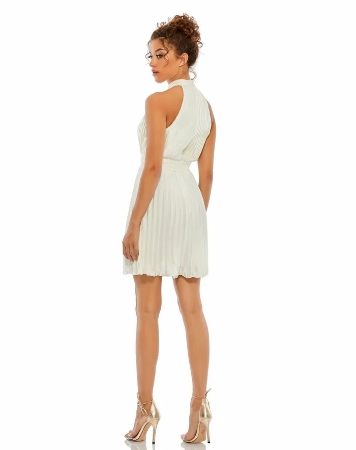 Pleated Halter Neck Mini Dress White Women Daytime Dresses Mac Duggal