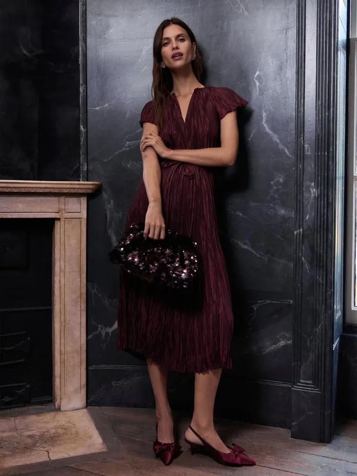 Plisse Belted Dress Red Women Jigsaw Party