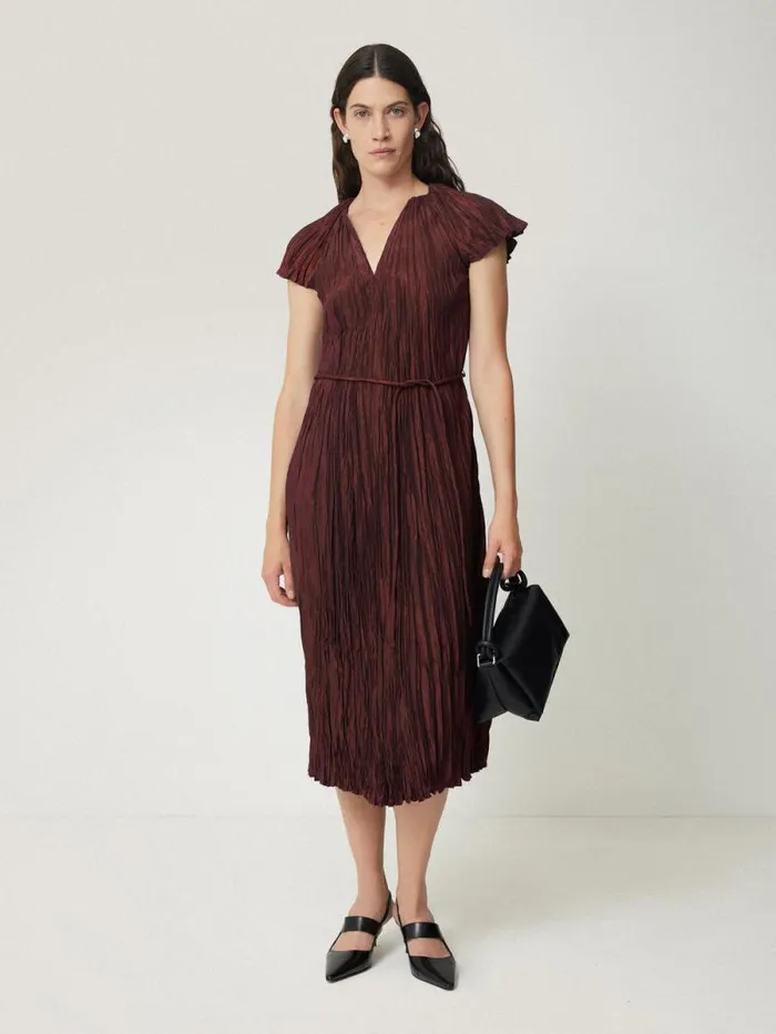 Plisse Belted Dress Red Women Jigsaw Party