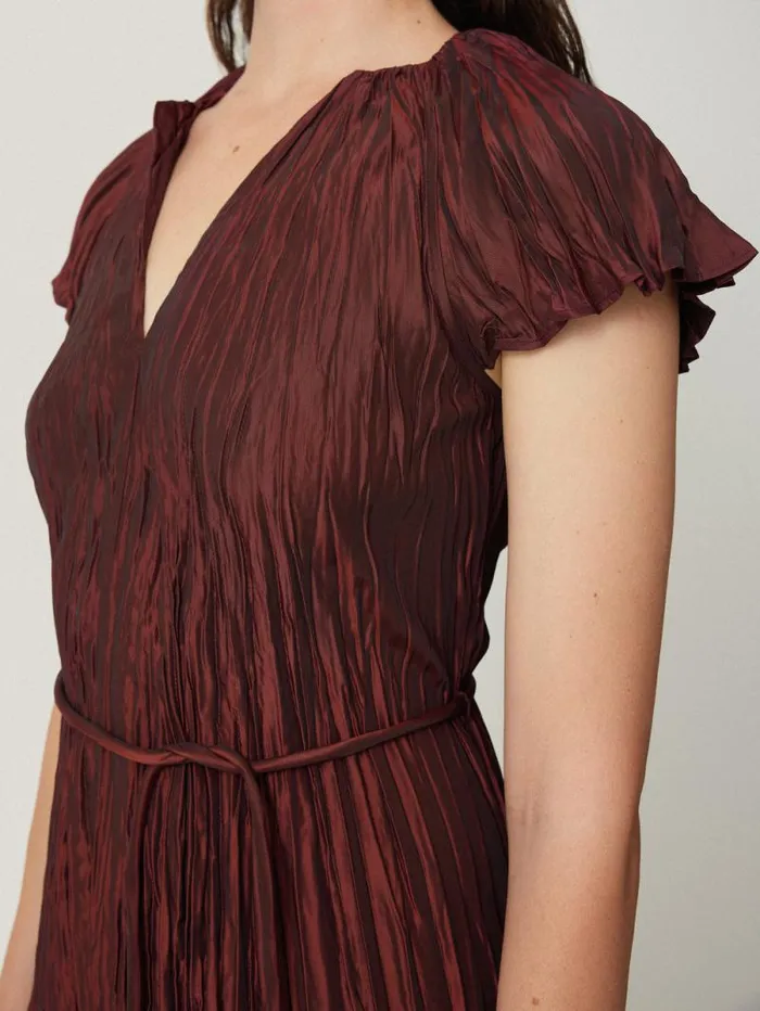 Plisse Belted Dress Red Women Jigsaw Party