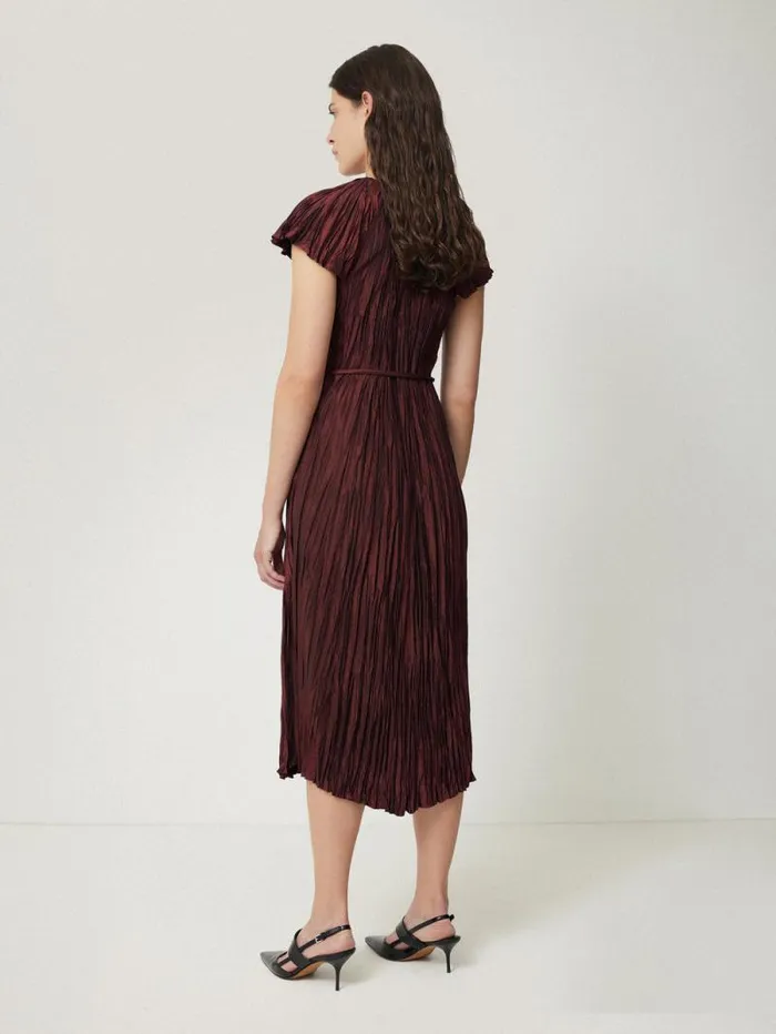 Plisse Belted Dress Red Women Jigsaw Party