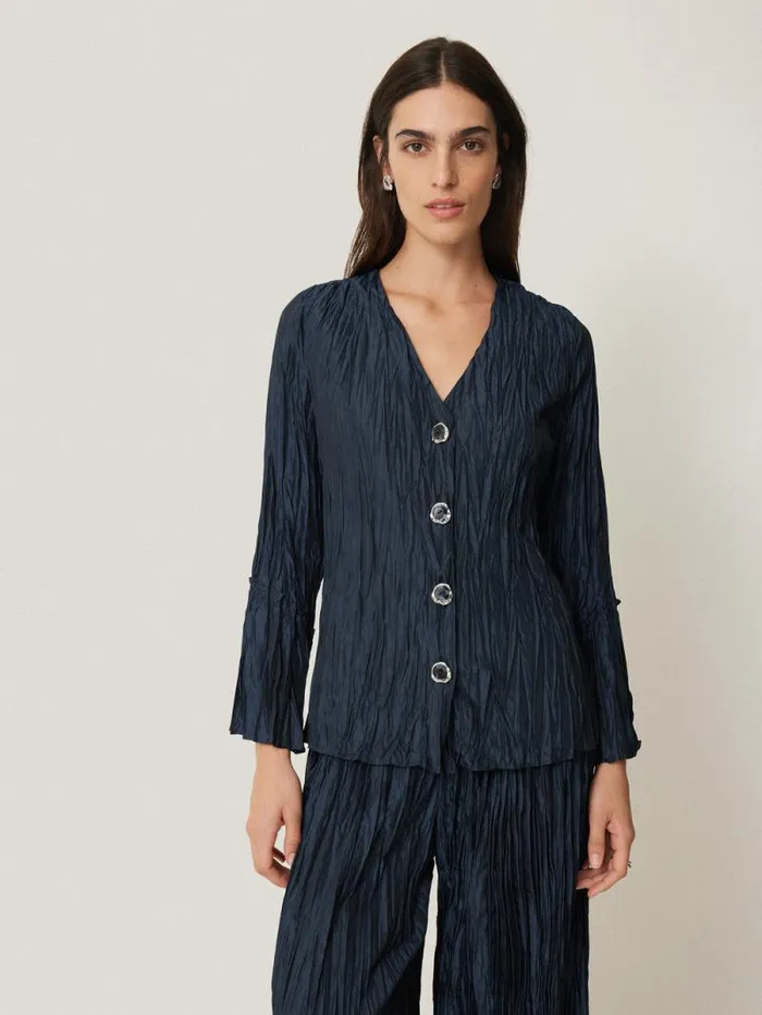 Plisse Button Up Top Navy Women Jigsaw Coords